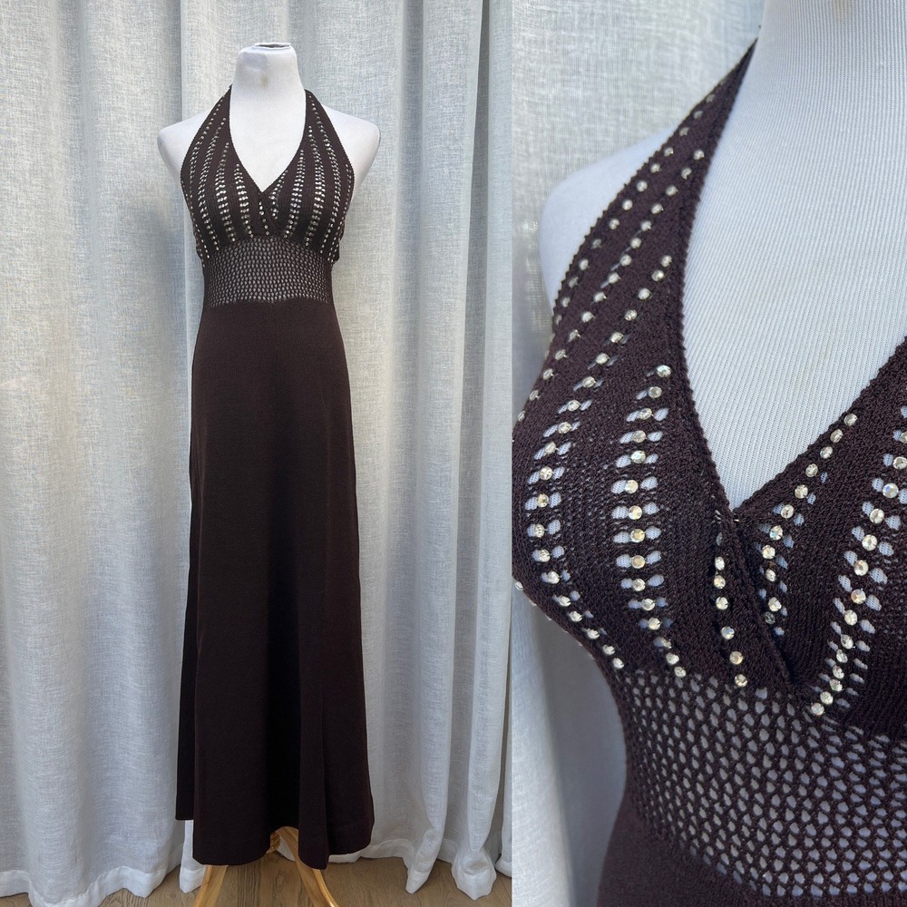 Vintage (St. John?) brown knitted rhinestones halter open back party gown dress